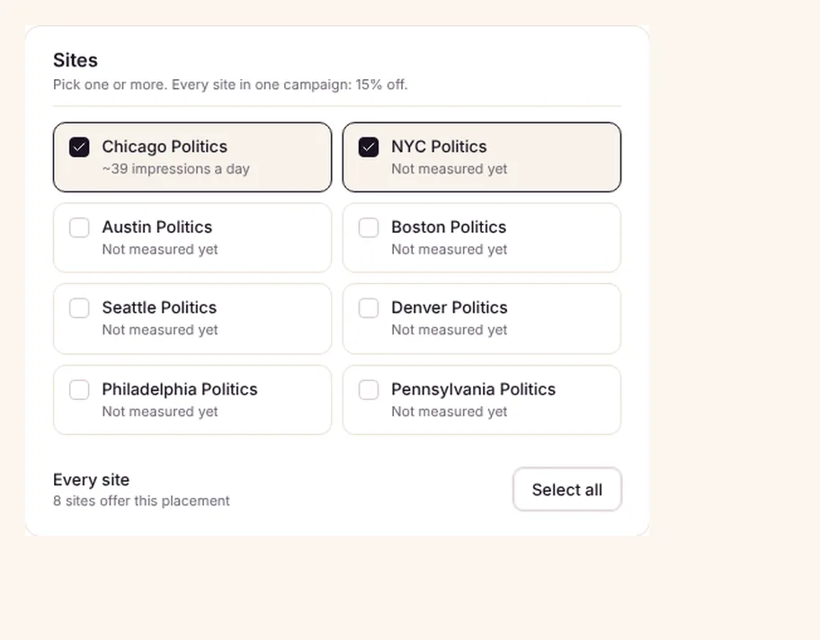 Picking sites in the builder, with each site’s estimated daily impressions.