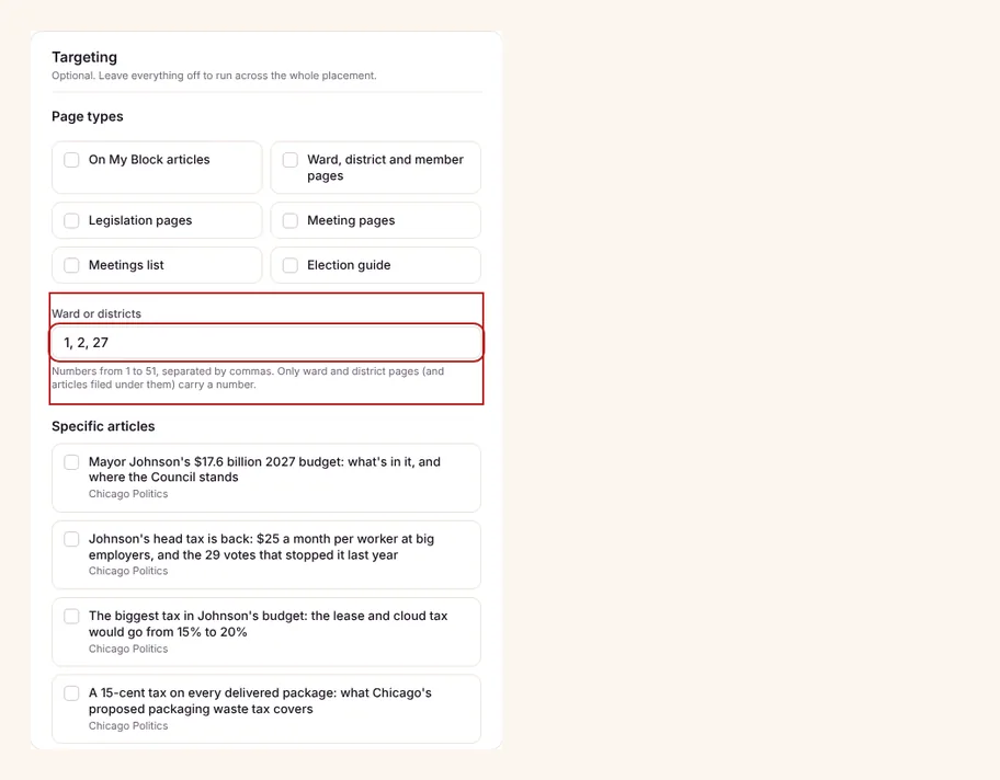 Targeting in the builder: page types, wards and articles.